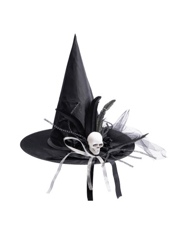 Sombrero de bruja negro con calavera y adornos de 35 cm de alto aprox. con etiqueta colgante/etiqueta adhesiva
