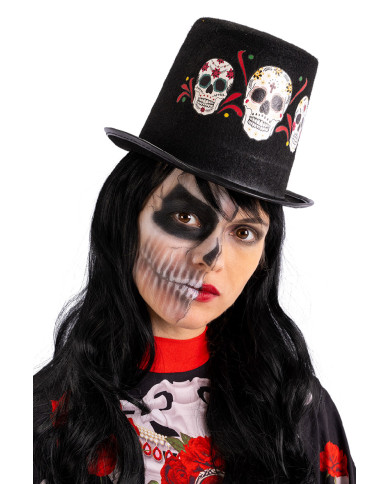 Felt black top hat with mexican skulls prints h.cm. 14  with label
