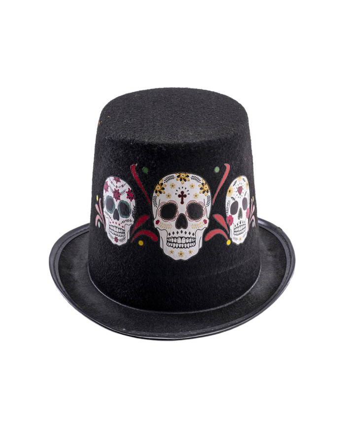 Schwarzer Zylinder Totenkopf-Print, ca. 14 cm hoch mit Pappschild/Etikett