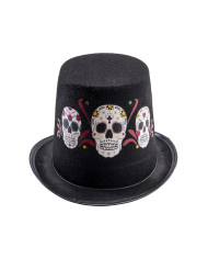 Sombrero de copa alta negro de fieltro con estampados de calaveras mexicanas de 14 cm de alto aprox. con etiqueta colgan...
