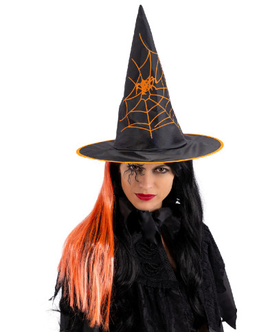 Sombrero de bruja de tela plastificada con pelo naranja de 35 cm de alto aprox. con etiqueta colgante/etiqueta adhesiva