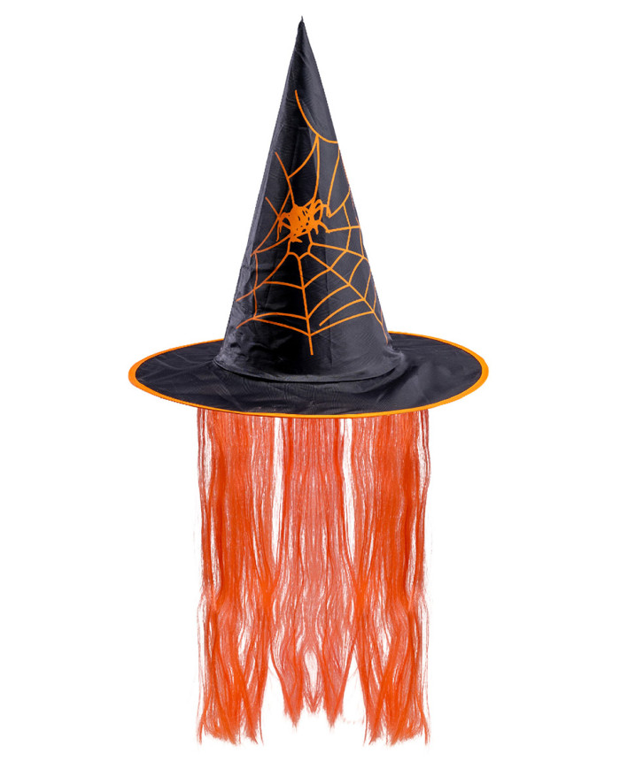 Chapeau sorcière en tissu plastifié avec cheveux oranges, h. 35 cm env., avec étiquette volante / étiquette