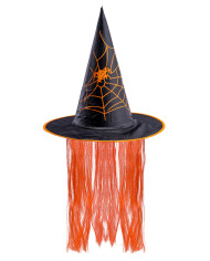Cappello strega in tessuto plastificato con capelli arancioni h.cm.35 ca. con cartellino/etichetta