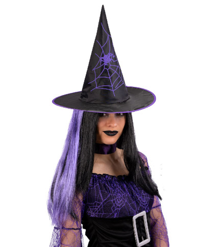 Chapeau sorcière en tissu plastifié avec cheveux violets, h. 35 cm env., avec étiquette volante / étiquette