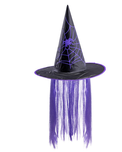 Chapeau sorcière en tissu plastifié avec cheveux violets, h. 35 cm env., avec étiquette volante / étiquette