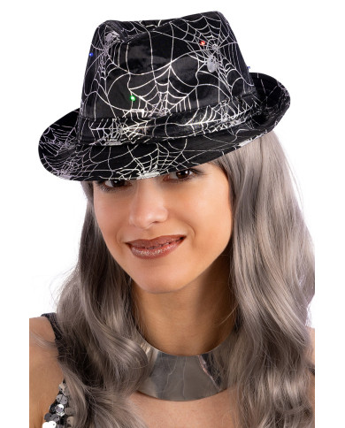 Chapeau gangster noir avec toiles d’araignée et lumières (piles comprises), avec étiquette volante / étiquette