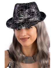 Black gangster hat with spiderwebs and lights (batteries included) with label