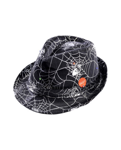 Chapeau gangster noir avec toiles d’araignée et lumières (piles comprises), avec étiquette volante / étiquette
