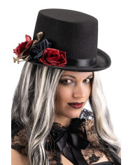 Sombrero de copa alta negro lujo de fieltro con esqueleto y rosas de 12 cm de alto aprox. con etiqueta colgante/etiqueta...