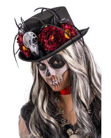 Black top hat in felt with skeleton and burgundy decoration h. cm. 12 with label