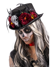 Black top hat in felt with skeleton and burgundy decoration h. cm. 12 with label