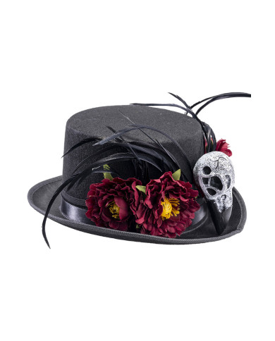 Black top hat in felt with skeleton and burgundy decoration h. cm. 12 with label