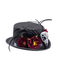 Grand haut-de-forme noir luxe en feutre, avec tête de mort et décorations bordeaux, h. 12 cm env., avec étiquette vo...