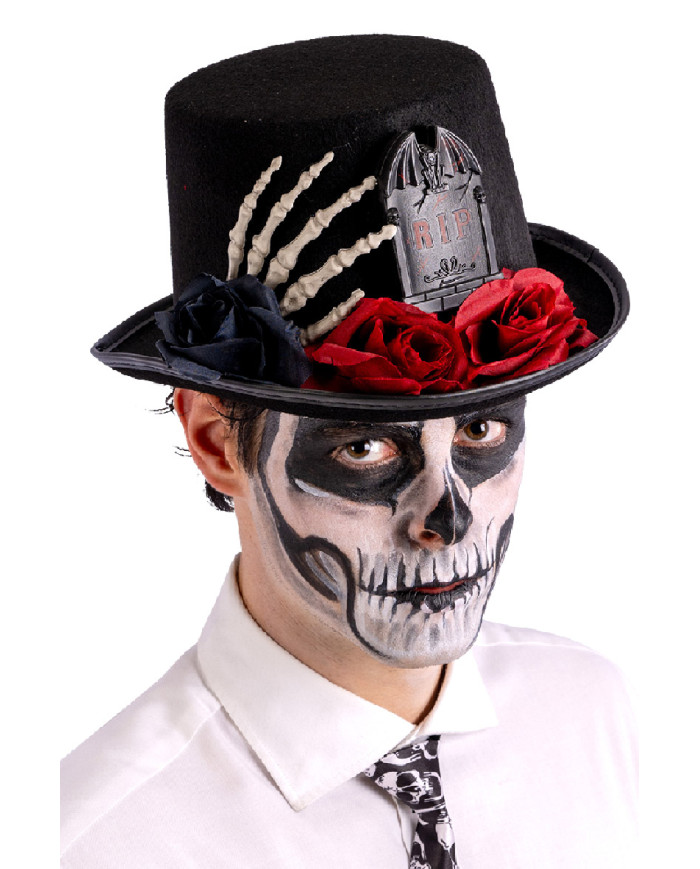 Black top hat in felt with skeleton hand and tombstone h. cm. 14 with label