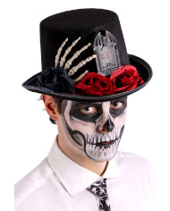 Sombrero de copa alta negro lujo de fieltro con lápida y mano de esqueleto de 14 cm de alto aprox. con etiqueta colgant...