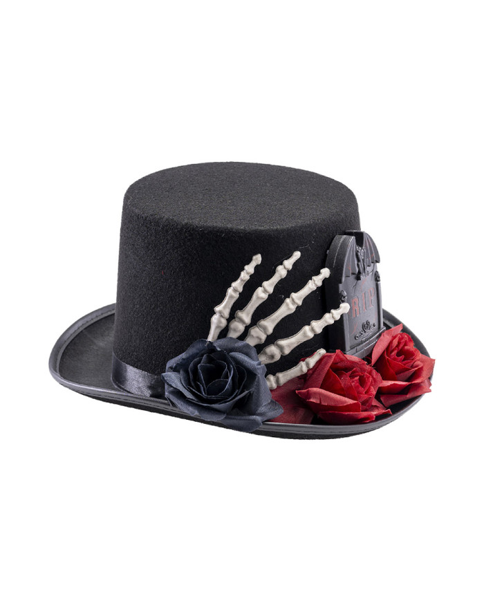 Black top hat in felt with skeleton hand and tombstone h. cm. 14 with label