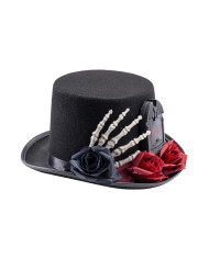 Sombrero de copa alta negro lujo de fieltro con lápida y mano de esqueleto de 14 cm de alto aprox. con etiqueta colgant...