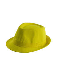 Gangsterhut, gelb fluoreszierend, aus Stoff mit Pappschild/Etikett