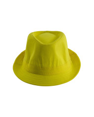 Gangsterhut, gelb fluoreszierend, aus Stoff mit Pappschild/Etikett