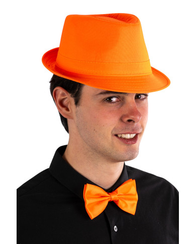 Chapeau gangster orange fluo en tissu, avec étiquette volante / étiquette