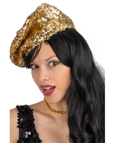 Béret basque doré à paillettes, avec étiquette volante / étiquette Béret basque doré à paillettes, avec étiquette volante / étiquette
