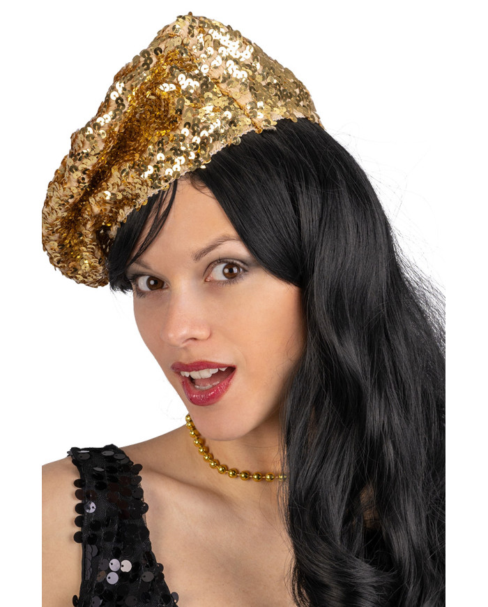 Béret basque doré à paillettes, avec étiquette volante / étiquette Béret basque doré à paillettes, avec étiquette volante / étiquette
