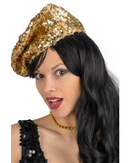 Béret basque doré à paillettes, avec étiquette volante / étiquette Béret basque doré à paillettes, avec étiquette volante / étiquette