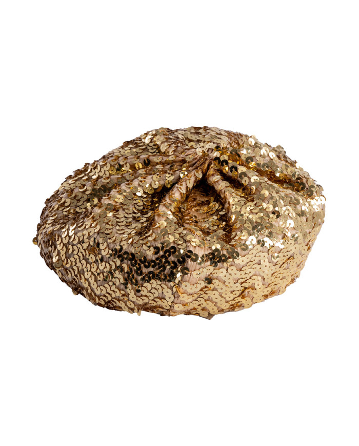 Goldfarbene Baskenmütze mit Pailletten und Pappschild/Etikett Goldfarbene Baskenmütze mit Pailletten und Pappschild/Etikett