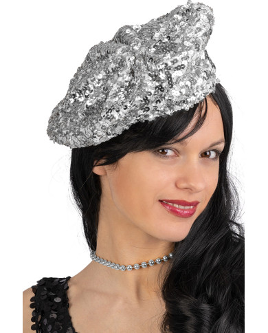 Béret basque argenté à paillettes, avec étiquette volante / étiquette Béret basque argenté à paillettes, avec étiquette volante / étiquette