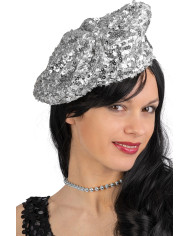 Béret basque argenté à paillettes, avec étiquette volante / étiquette
