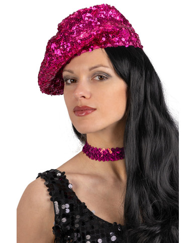 Béret basque rose fluo à paillettes, avec étiquette volante / étiquette Béret basque rose fluo à paillettes, avec étiquette volante / étiquette