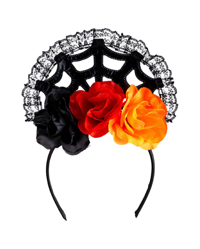 Serre-tête avec toile d’araignée, fleurs et dentelle, avec étiquette cartonnée pliée Serre-tête avec toile d’araignée, fleurs et dentelle, avec étiquette cartonnée pliée