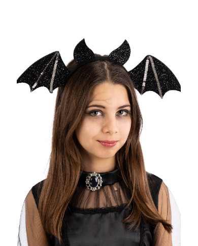 Cerchietto pipistrello nero in tessuto goffrato con cavallotto