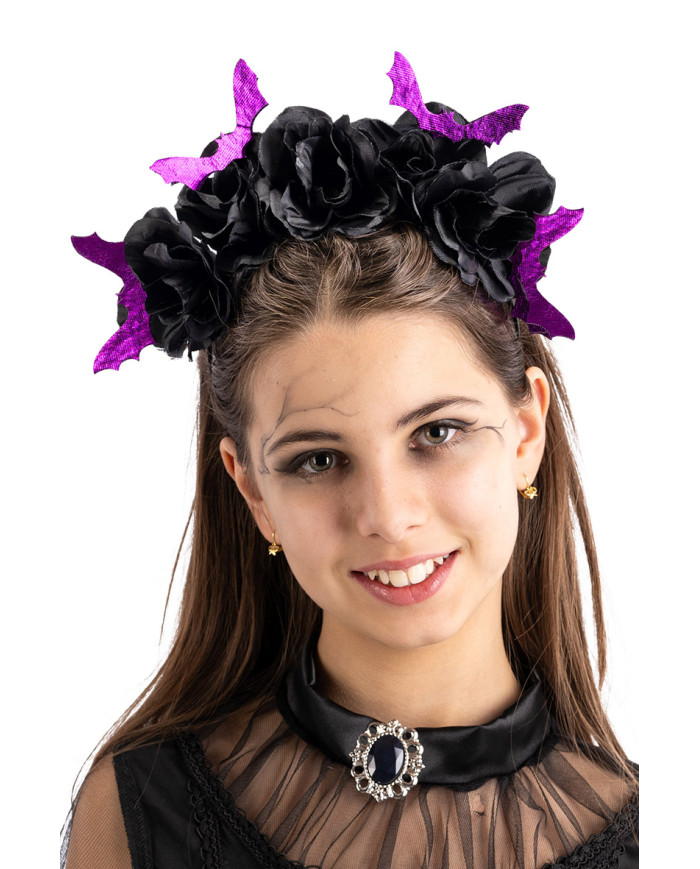 Serre-tête avec fleurs noires et chauves-souris, avec étiquette cartonnée pliée Serre-tête avec fleurs noires et chauves-souris, avec étiquette cartonnée pliée