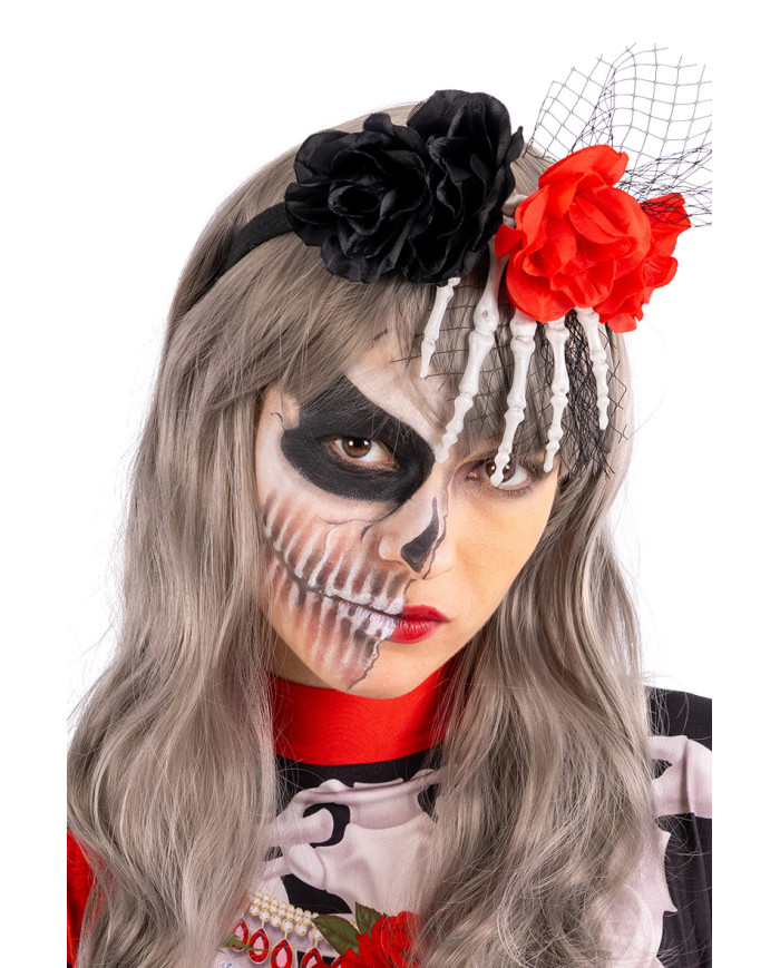 Headband with skeleton hand and flowers with header Headband with skeleton hand and flowers with header