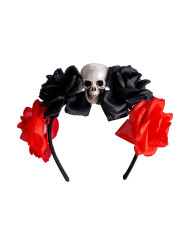 Serre-tête avec tête de mort et fleurs, avec étiquette cartonnée pliée Serre-tête avec tête de mort et fleurs, avec étiquette cartonnée pliée