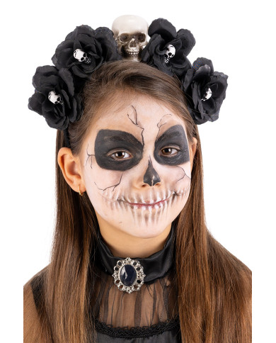 Diadema con calaveras y flores negras con solapa de cartón
