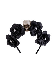 Serre-tête avec têtes de mort et fleurs noires, avec étiquette cartonnée pliée Serre-tête avec têtes de mort et fleurs noires, avec étiquette cartonnée pliée