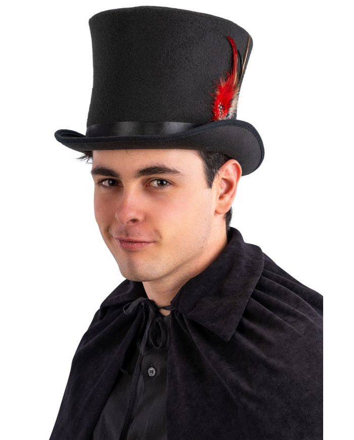 Woollen felt top hat (size.60) with feathers, h. 19 cm. with label