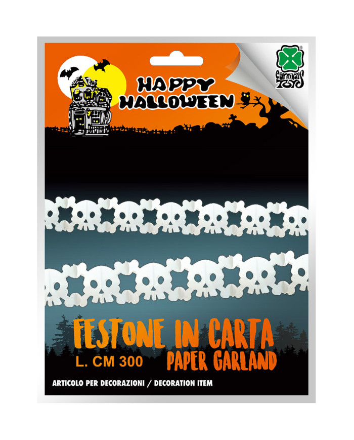 Guirnalda calaveras de papel de 300 cm de long. x 22 cm de diám. aprox. en bolsa con solapa de cartón