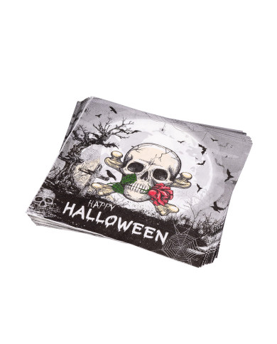 12 tovaglioli in carta HAPPY HALLOWEEN teschio cm.16,5x16,5 ca. in termoretraibile con cartellino/etichetta 12 tovaglioli in carta HAPPY HALLOWEEN teschio cm.16,5x16,5 ca. in termoretraibile con cartellino/etichetta