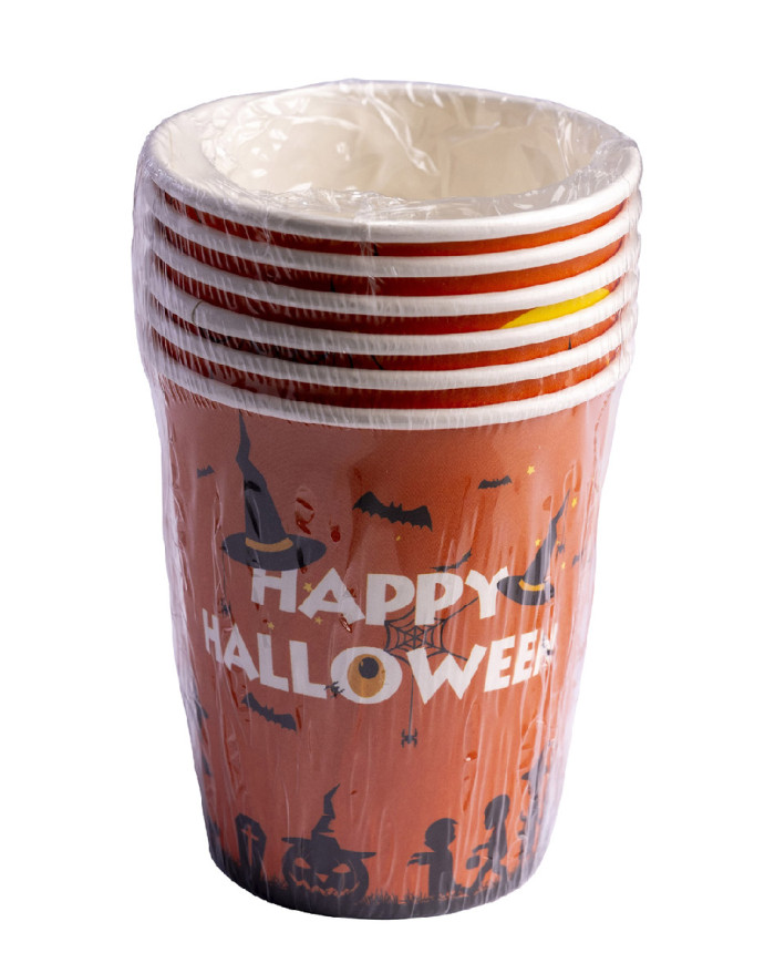 6 Papierbecher HAPPY HALLOWEEN, orange, in Schrumpfolienverpackung mit Pappschild/Etikett 6 Papierbecher HAPPY HALLOWEEN, orange, in Schrumpfolienverpackung mit Pappschild/Etikett