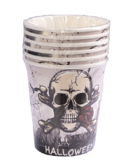 6 Papierbecher HAPPY HALLOWEEN, Totenkopf, in Schrumpfolienverpackung mit Pappschild/Etikett