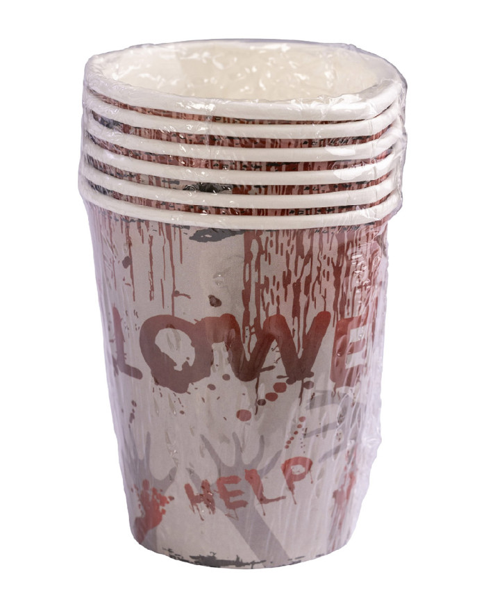 6 vasos de papel HAPPY HALLOWEEN ensangrentados en film retráctil con etiqueta colgante/etiqueta adhesiva 6 vasos de papel HAPPY HALLOWEEN ensangrentados en film retráctil con etiqueta colgante/etiqueta adhesiva