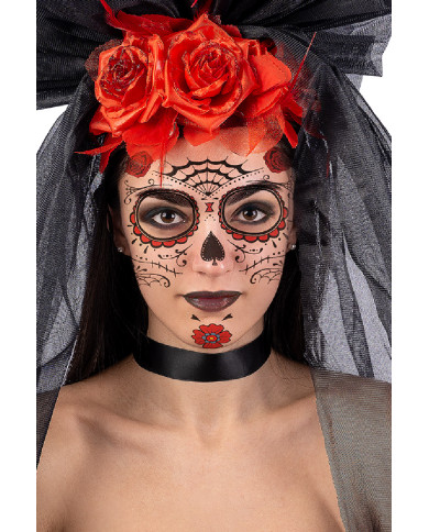 Fiche de tatouages pour visage tête de mort mexicaine avec toile d’araignée, dans un sachet sur papier cartonné