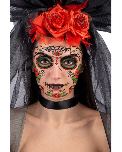 Fiche de tatouages pour visage tête de mort mexicaine avec roses, dans un sachet sur papier cartonné
