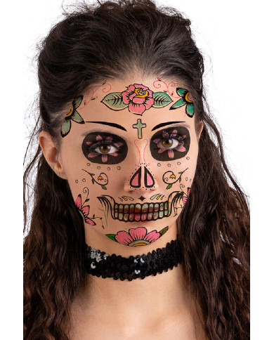Fiche de tatouages G.I.D. (GLOW IN THE DARK) pour visage tête de mort mexicaine femme, dans un sachet sur papier cartonné