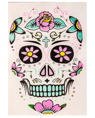 Fiche de tatouages G.I.D. (GLOW IN THE DARK) pour visage tête de mort mexicaine femme, dans un sachet sur papier cartonné