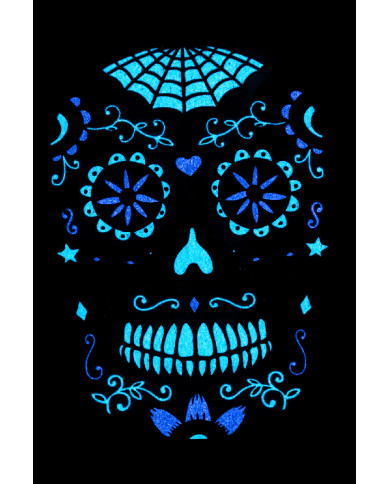 Fiche de tatouages G.I.D. (GLOW IN THE DARK) pour visage tête de mort mexicaine homme, dans un sachet sur papier cartonné