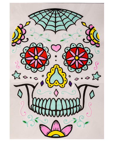 Fiche de tatouages G.I.D. (GLOW IN THE DARK) pour visage tête de mort mexicaine homme, dans un sachet sur papier cartonné